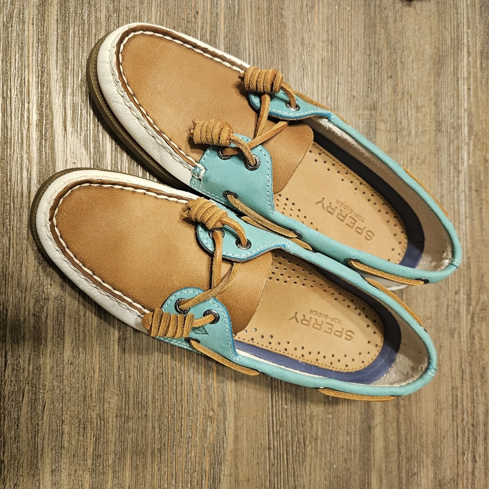 Womens Custom Sperry Top-Sloder Brown and Teal Boat Shoes 7.5M